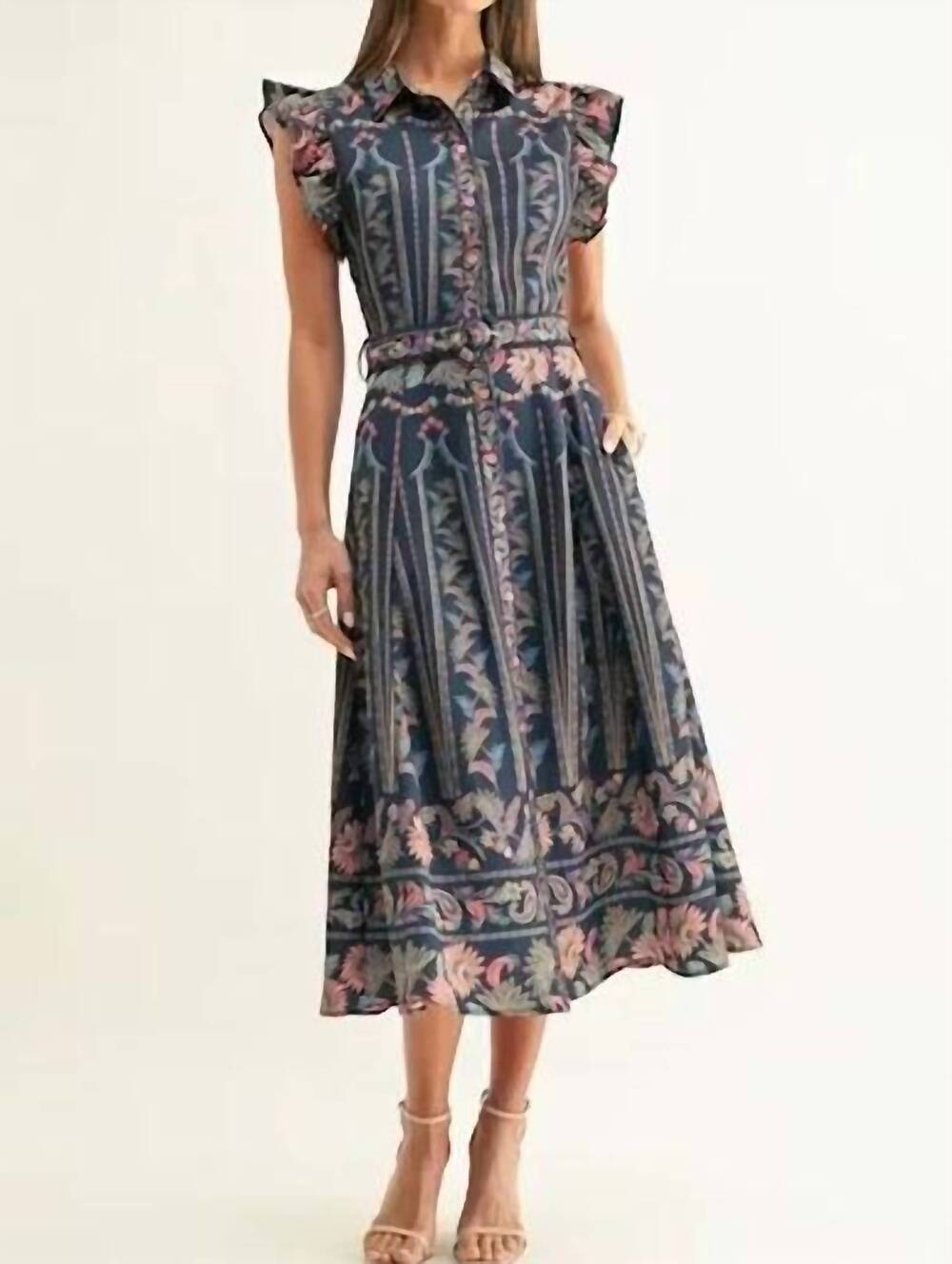 NEW ADELYN RAE karly ruffled midi dress in navy blue /floral